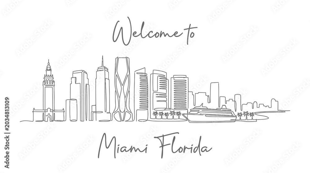 Fototapeta premium Miami Florida Skyline Minimalist Line Art with Cruise