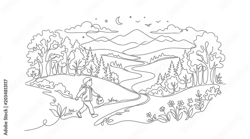 Obraz premium Child enjoys landscape walk, line art scene