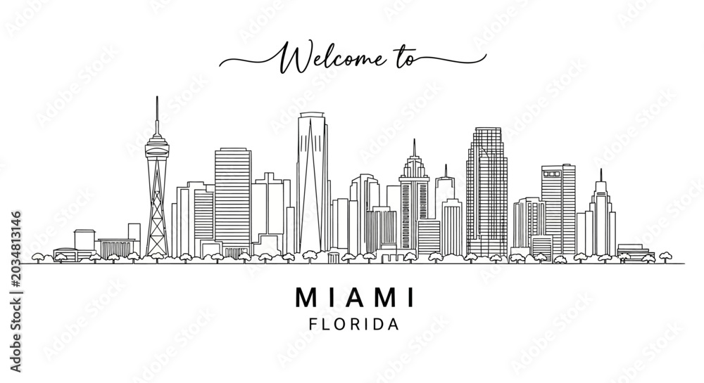 Obraz premium Miami Skyline Black and White Line Art Vector | Cityscape Silhouette