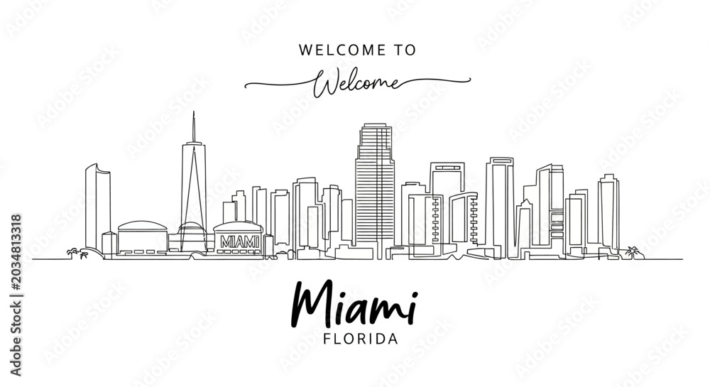 Fototapeta premium Miami Skyline Line Art - Welcome to Florida Cityscape Illustration
