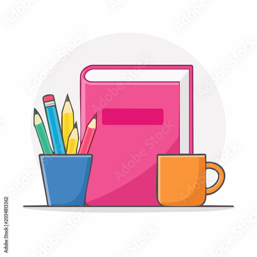 Book, Pencils, and Mug Illustration