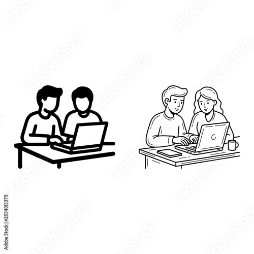 Quadro su tela People working together icon set, outline style, white background