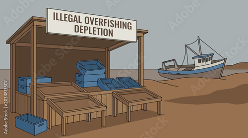 Canvas Print Empty Fish Market Stall Due to Illegal Overfishing Depletion