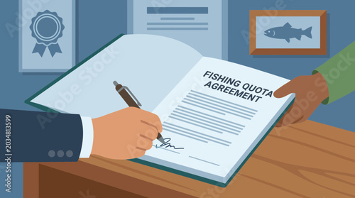 Fotografie Fishing Quota Document Being Signed by Government Official