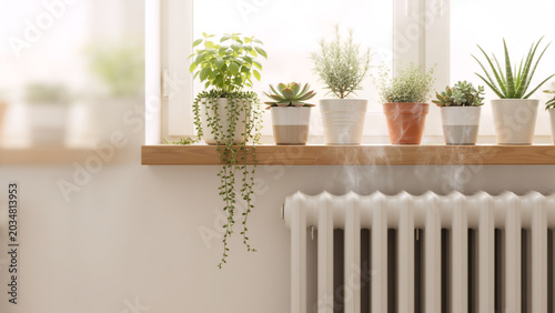 Steam rising from a white radiator under a windowsill. Potted plants on a wooden shelf above a home heating system. Winter domestic climate control concept