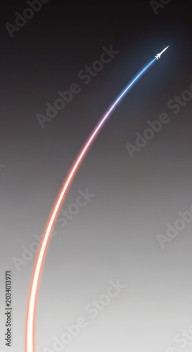Abstract illustration of a rocket launching with a curved trail against gradient background