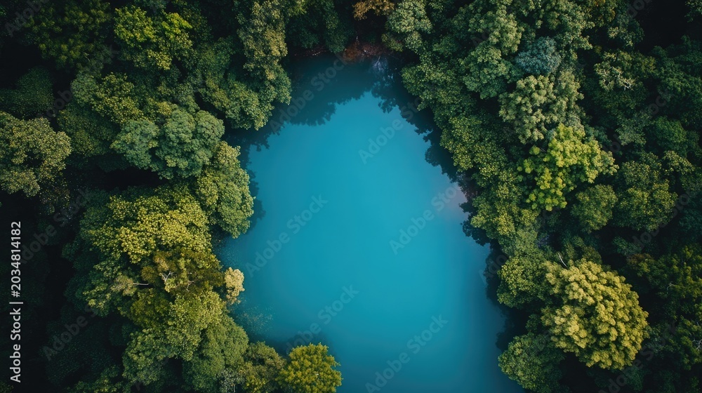 Fototapeta premium A tranquil, clear blue lake surrounded by lush forests, symbolizing the healing power of clean environments