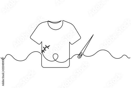 Konstfotografi Continuous one line drawing of a t-shirt and needle representing fashion design