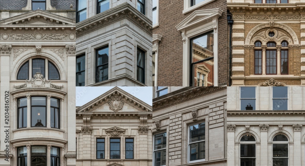 Fototapeta premium Collage of ornate architectural details on historic buildings with various windows
