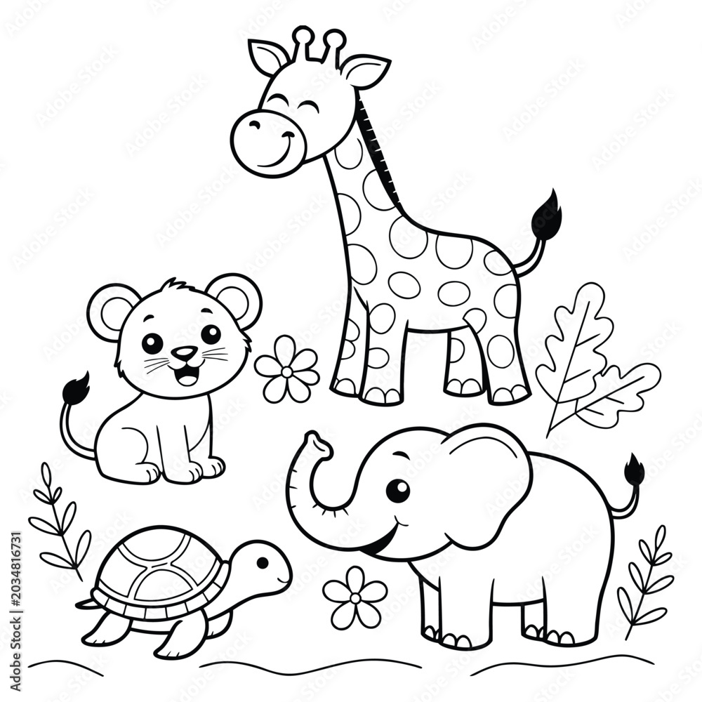 Obraz premium Black and white of smiling giraffe lion turtle and elephant with flowers smiling animals