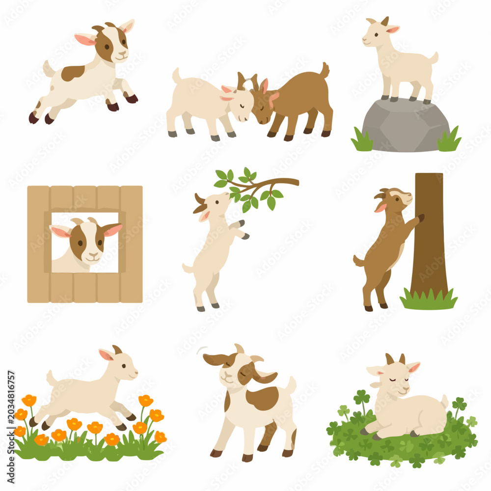 Fototapeta premium Set of nine flat vector illustrations featuring cute baby goats in various poses: jumping, headbutting, eating leaves, climbing trees, running through flowers, and resting in clover.
