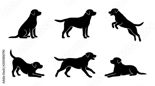 Obraz na plátně Black Labrador Dog Silhouettes, 6 Poses Vector Set: Sitting, Standing, Playing,