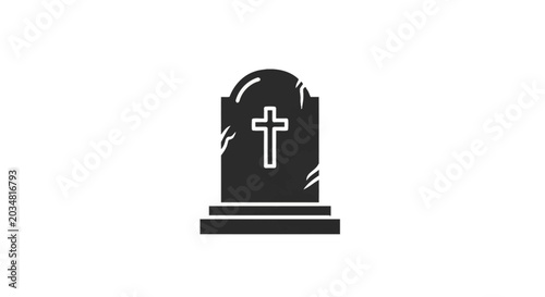 Black gravestone silhouette icon featuring a white Christian cross and subtle crack details on a tiered base. Minimalist headstone vector illustration isolated on a white background.