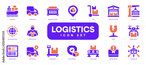 Collection of purple and orange logistics and delivery glyph icons on a white background, including cargo ship, truck, drone, warehouse, and shipping container.
