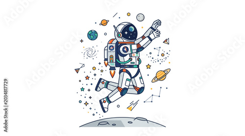 Bild auf Leinwand Astronaut jumping in space with planets and stars, outer space adventure