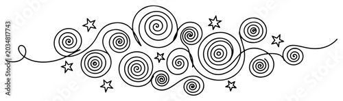 Decorative divider featuring spiral swirls and tiny stars in minimalist continuous line art style