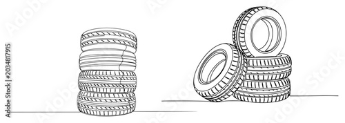 Car tires stack and heap collection in minimalist continuous line art style