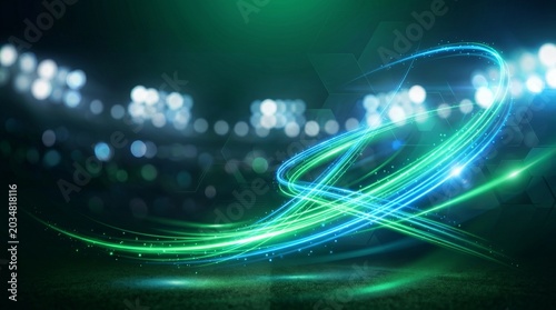 Glowing blue and green neon light trails on dark background with bokeh effect