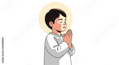 Φωτογραφία Boy praying with closed eyes and halo, spiritual innocence