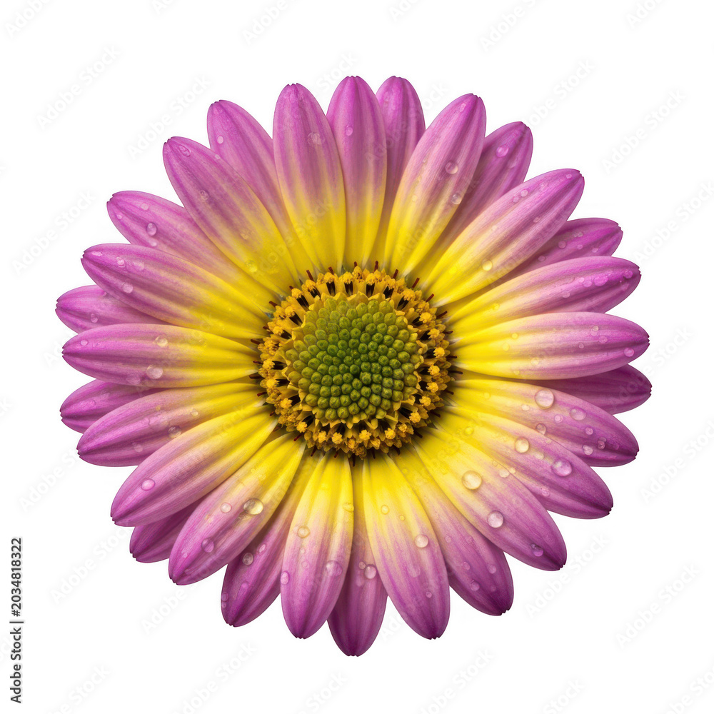 Fototapeta premium Vibrant pink and yellow African daisy flower, fresh osteospermum blossom with water droplets, colorful spring floral element for graphic design isolated on Transparent Background