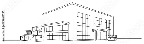 Warehouse building with stacked cardboard boxes for logistics in minimalist continuous line art style