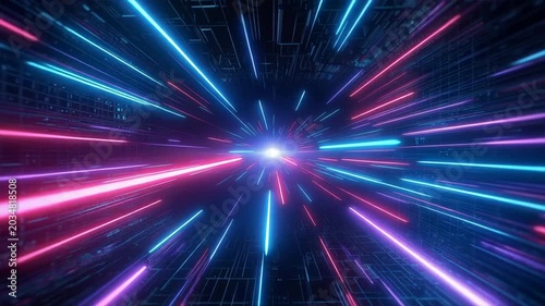 Dynamic burst of colorful light beams creating a futuristic and energetic atmosphere, perfect for tech visuals.