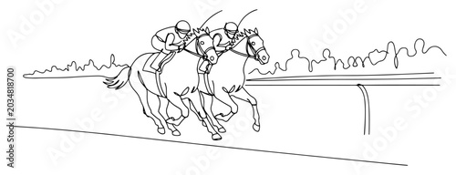 Vászonkép Horse racing jockeys competing on track in minimalist continuous line art style