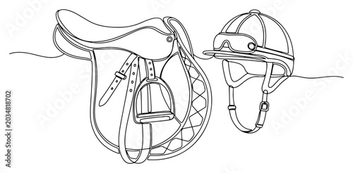 Cuadro en lienzo Horse saddle and jockey helmet equestrian gear in minimalist continuous line art