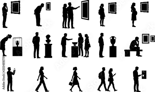 Museum Visitor Silhouette Set - People Viewing Art Gallery Exhibits, Paintings, Sculptures and Artifacts Vector Illustration. 