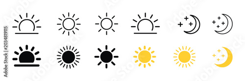 Daily Time Cycle icon collection with Sunrise, Bright Sun, Sunset and Night Moon symbols, vector illustration for Astronomy and Environmental concepts.