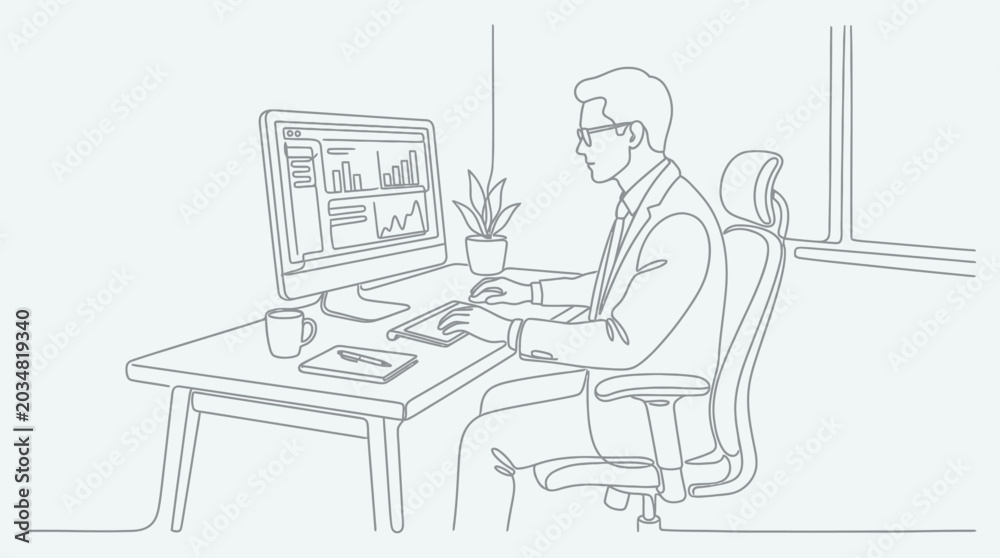 Fototapeta premium Business Analyst Working at Desk with Computer Display