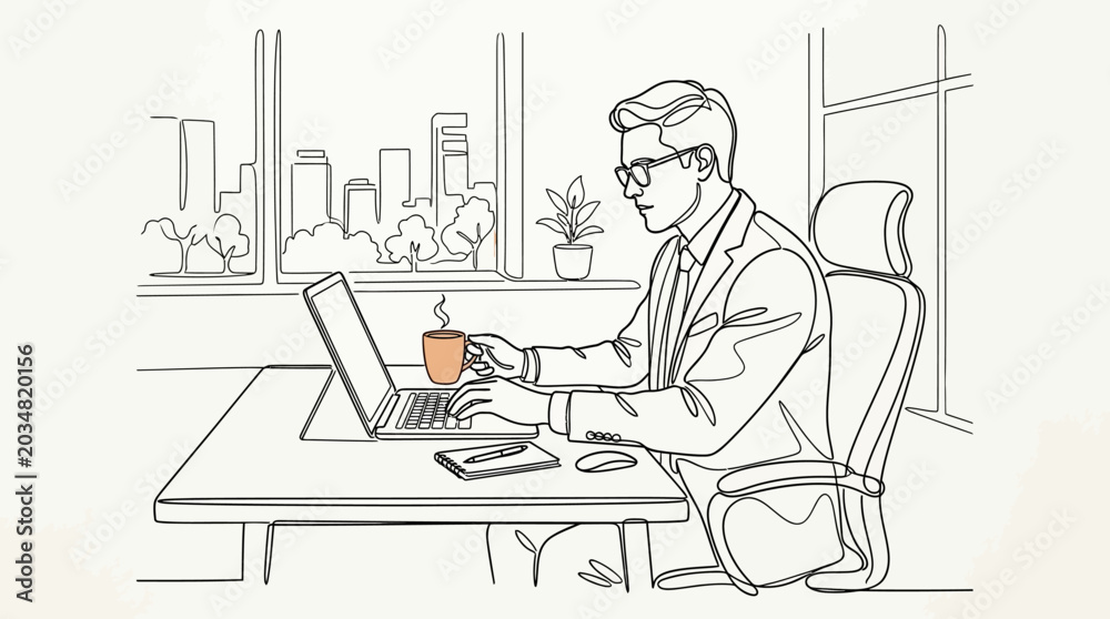 Fototapeta premium Businessman working on laptop with coffee, office setting, line art illustration
