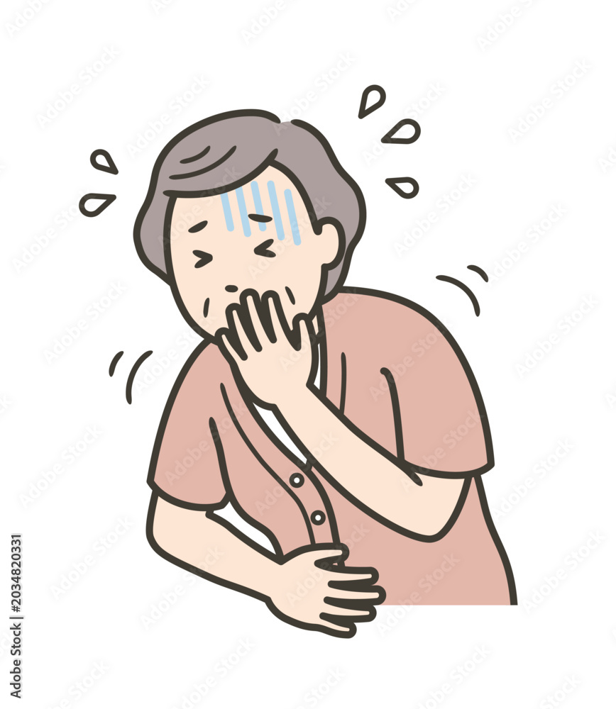 Fototapeta premium 熱中症やノロウィルスの腹痛や嘔吐の症状が出る高齢女性の上半身 