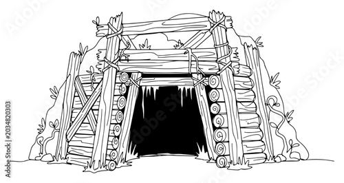 Old mine entrance built from wooden logs and timber beams in line art style