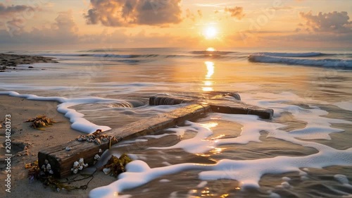 A serene beach scene at sunrise, featuring a weathered cross and gentle waves lapping at the shore.