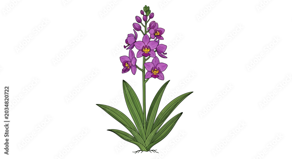 Obraz premium Illustration of a purple orchid with green leaves and flower blossom