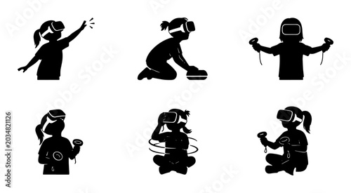 Εκτύπωση καμβά Children Engaging with Virtual Reality, VR Headset Silhouettes, Interactive Gami