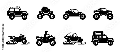 Tableau sur toile Off-road Vehicle Icons, All-Terrain Set, Snowmobile Collection, SUV Graphics, AT