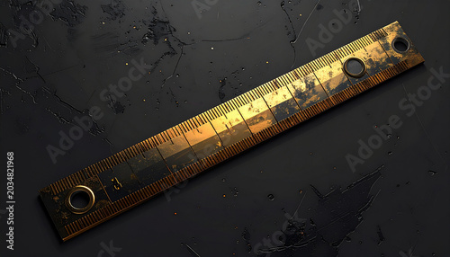 Vintage rusty metal ruler on dark surface