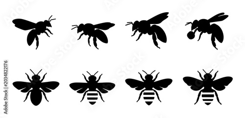 Photos Set of 8 Black Bee Silhouettes, Flying and Static Insect Icons, Vector Graphics