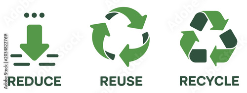 Photography Reduce reuse recycle concept illustration displaying eco friendly symbols, circular recycling arrows, and green sustainability icons for environmental awareness campaigns