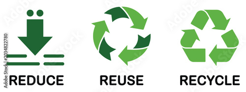 Photos Reduce reuse recycle concept illustration featuring green eco icons, recycling loop symbols, and sustainable environmental conservation practices in modern flat vector design