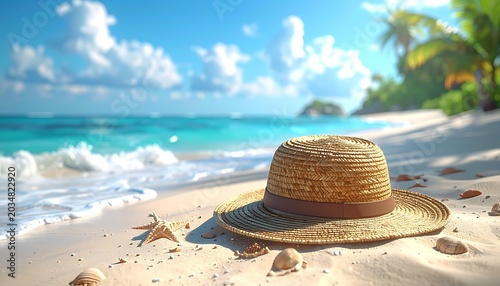 A serene beach scene with a straw hat on the sand (19)
