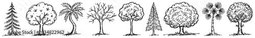 Foto Different types of trees set including palm pine and leafless varieties in hand
