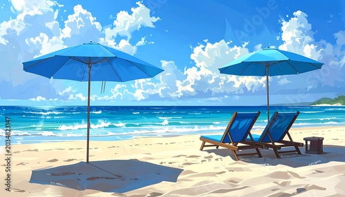A serene beach scene with blue umbrellas and chairs