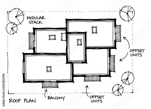 Modular stack house roof plan architectural layout with offset units and balcony