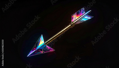 Holographic arrow piercing through crystal prism isolated
