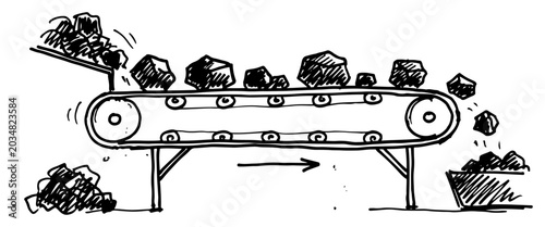Quadro em tela Conveyor belt transporting rocks in industrial setting hand drawn sketch style