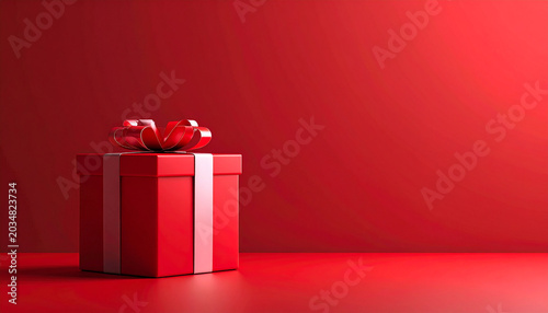 Red gift box with ribbon on solid red background