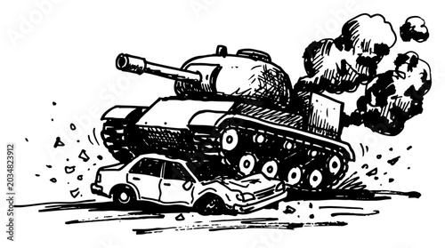 Foto Military tank crushing car during combat in hand drawn engraving style